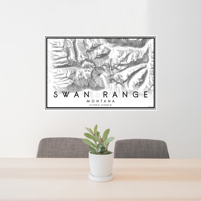 24x36 Swan Range Montana Map Print Lanscape Orientation in Classic Style Behind 2 Chairs Table and Potted Plant
