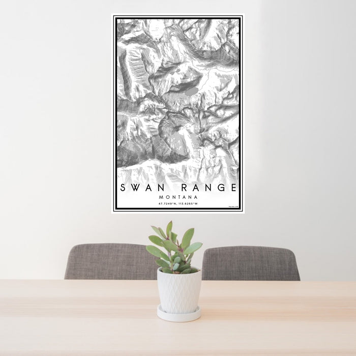 24x36 Swan Range Montana Map Print Portrait Orientation in Classic Style Behind 2 Chairs Table and Potted Plant