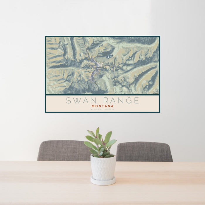 24x36 Swan Range Montana Map Print Lanscape Orientation in Woodblock Style Behind 2 Chairs Table and Potted Plant