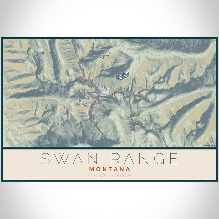 Swan Range Montana Map Print Landscape Orientation in Woodblock Style With Shaded Background