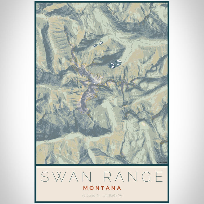 Swan Range Montana Map Print Portrait Orientation in Woodblock Style With Shaded Background