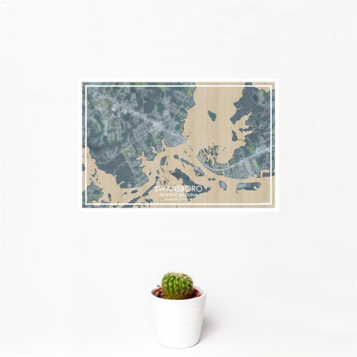 12x18 Swansboro North Carolina Map Print Landscape Orientation in Afternoon Style With Small Cactus Plant in White Planter