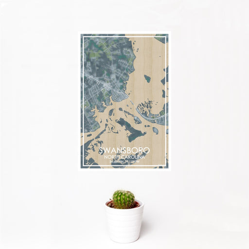 12x18 Swansboro North Carolina Map Print Portrait Orientation in Afternoon Style With Small Cactus Plant in White Planter