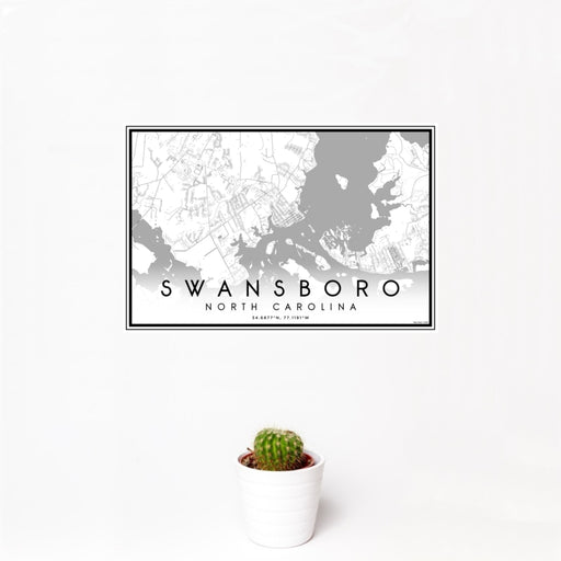 12x18 Swansboro North Carolina Map Print Landscape Orientation in Classic Style With Small Cactus Plant in White Planter