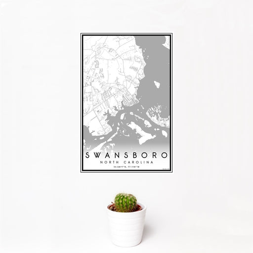 12x18 Swansboro North Carolina Map Print Portrait Orientation in Classic Style With Small Cactus Plant in White Planter