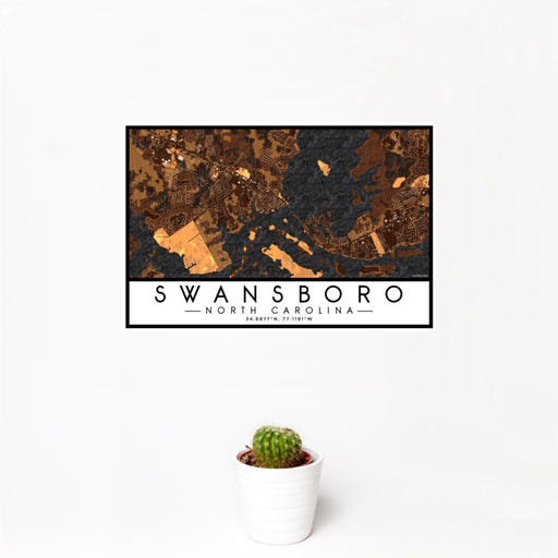 12x18 Swansboro North Carolina Map Print Landscape Orientation in Ember Style With Small Cactus Plant in White Planter
