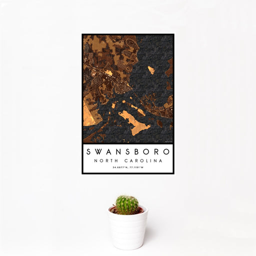 12x18 Swansboro North Carolina Map Print Portrait Orientation in Ember Style With Small Cactus Plant in White Planter