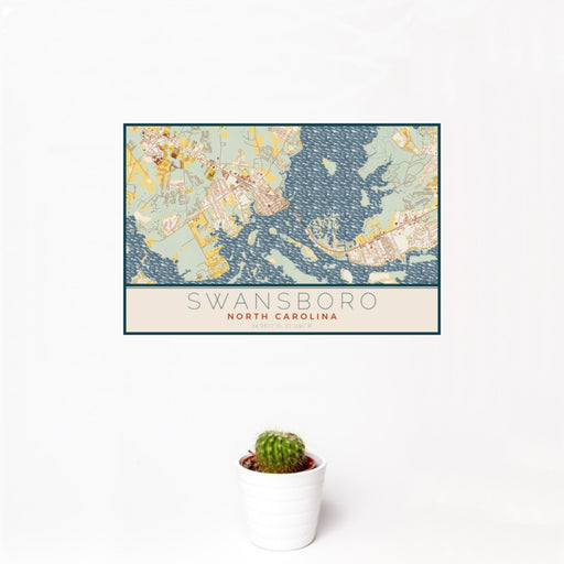 12x18 Swansboro North Carolina Map Print Landscape Orientation in Woodblock Style With Small Cactus Plant in White Planter