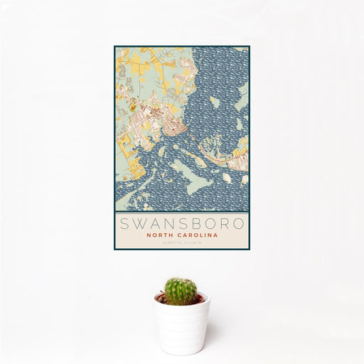 12x18 Swansboro North Carolina Map Print Portrait Orientation in Woodblock Style With Small Cactus Plant in White Planter