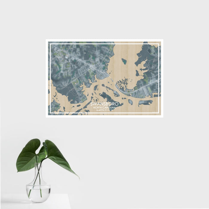16x24 Swansboro North Carolina Map Print Landscape Orientation in Afternoon Style With Tropical Plant Leaves in Water