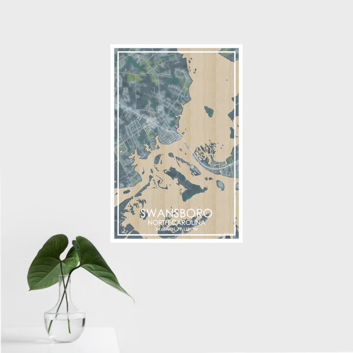 16x24 Swansboro North Carolina Map Print Portrait Orientation in Afternoon Style With Tropical Plant Leaves in Water