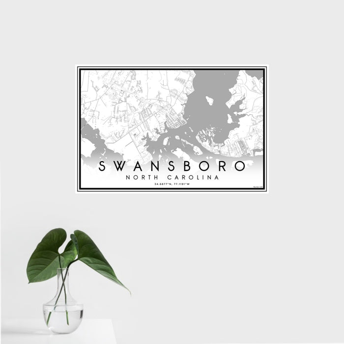 16x24 Swansboro North Carolina Map Print Landscape Orientation in Classic Style With Tropical Plant Leaves in Water