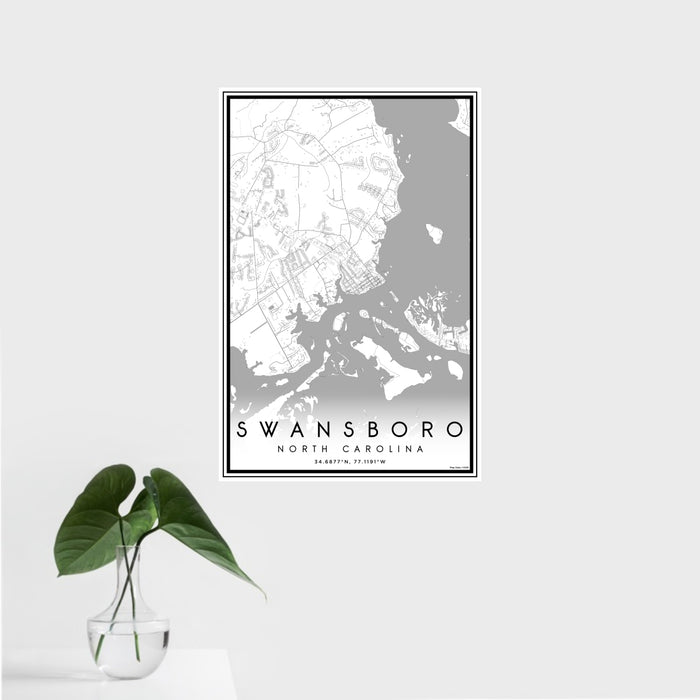 16x24 Swansboro North Carolina Map Print Portrait Orientation in Classic Style With Tropical Plant Leaves in Water
