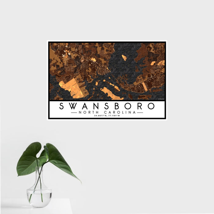 16x24 Swansboro North Carolina Map Print Landscape Orientation in Ember Style With Tropical Plant Leaves in Water
