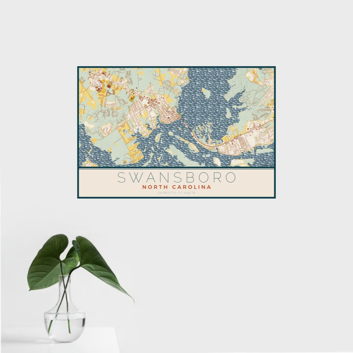 16x24 Swansboro North Carolina Map Print Landscape Orientation in Woodblock Style With Tropical Plant Leaves in Water