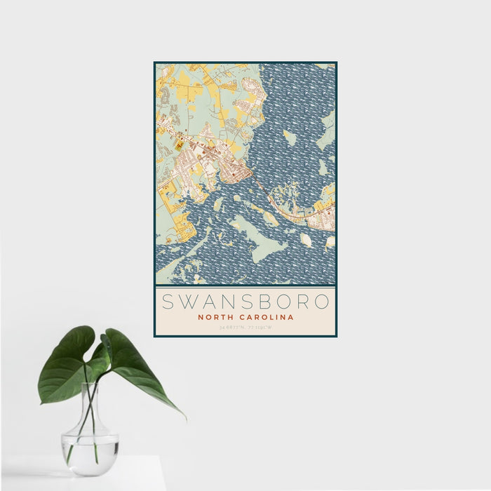 16x24 Swansboro North Carolina Map Print Portrait Orientation in Woodblock Style With Tropical Plant Leaves in Water