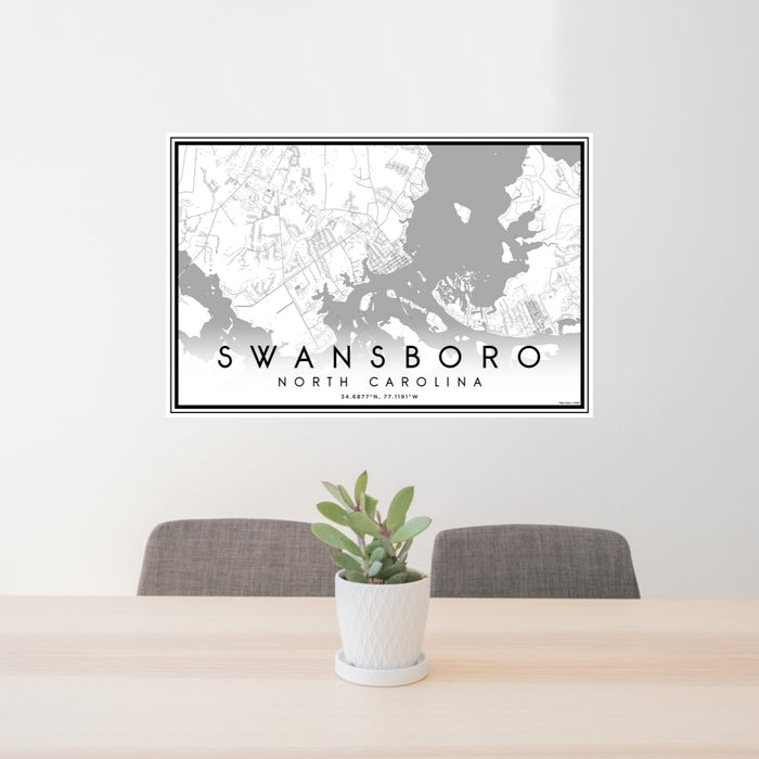 24x36 Swansboro North Carolina Map Print Lanscape Orientation in Classic Style Behind 2 Chairs Table and Potted Plant