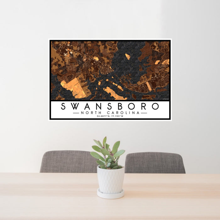 24x36 Swansboro North Carolina Map Print Lanscape Orientation in Ember Style Behind 2 Chairs Table and Potted Plant