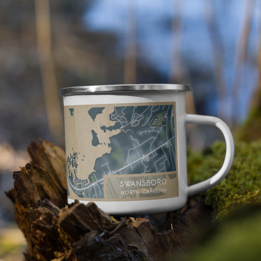 Right View Custom Swansboro North Carolina Map Enamel Mug in Afternoon on Grass With Trees in Background