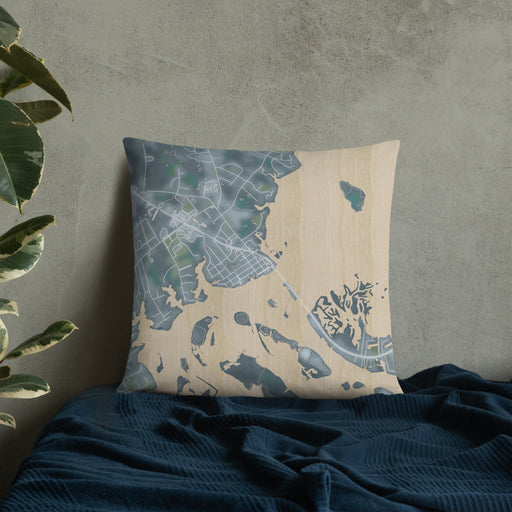 Custom Swansboro North Carolina Map Throw Pillow in Afternoon on Bedding Against Wall