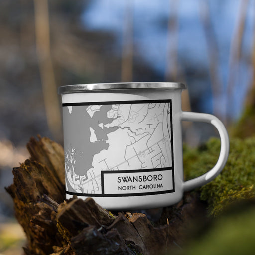 Right View Custom Swansboro North Carolina Map Enamel Mug in Classic on Grass With Trees in Background