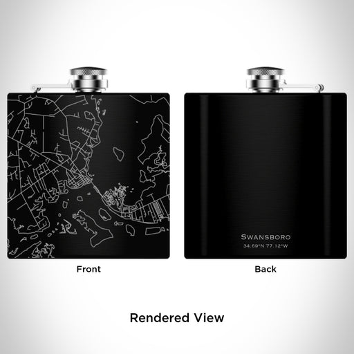 Rendered View of Swansboro North Carolina Map Engraving on 6oz Stainless Steel Flask in Black