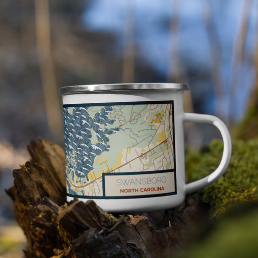 Right View Custom Swansboro North Carolina Map Enamel Mug in Woodblock on Grass With Trees in Background