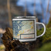 Right View Custom Swansboro North Carolina Map Enamel Mug in Woodblock on Grass With Trees in Background