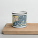 Front View Custom Swansboro North Carolina Map Enamel Mug in Woodblock on Cutting Board
