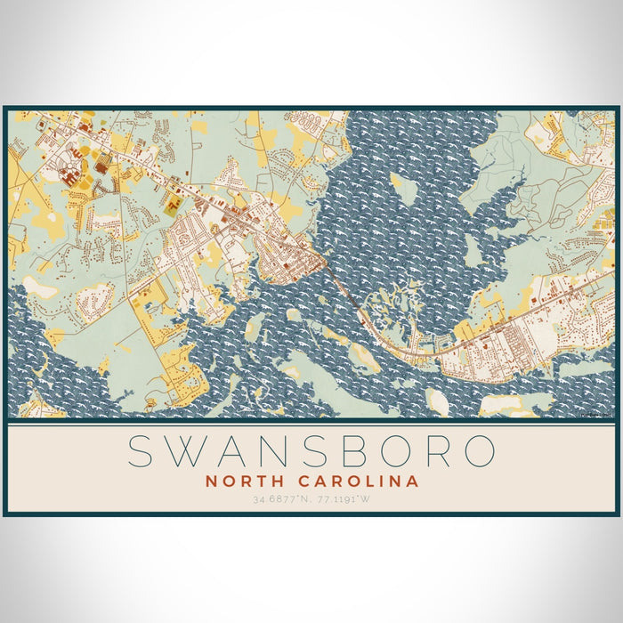 Swansboro North Carolina Map Print Landscape Orientation in Woodblock Style With Shaded Background