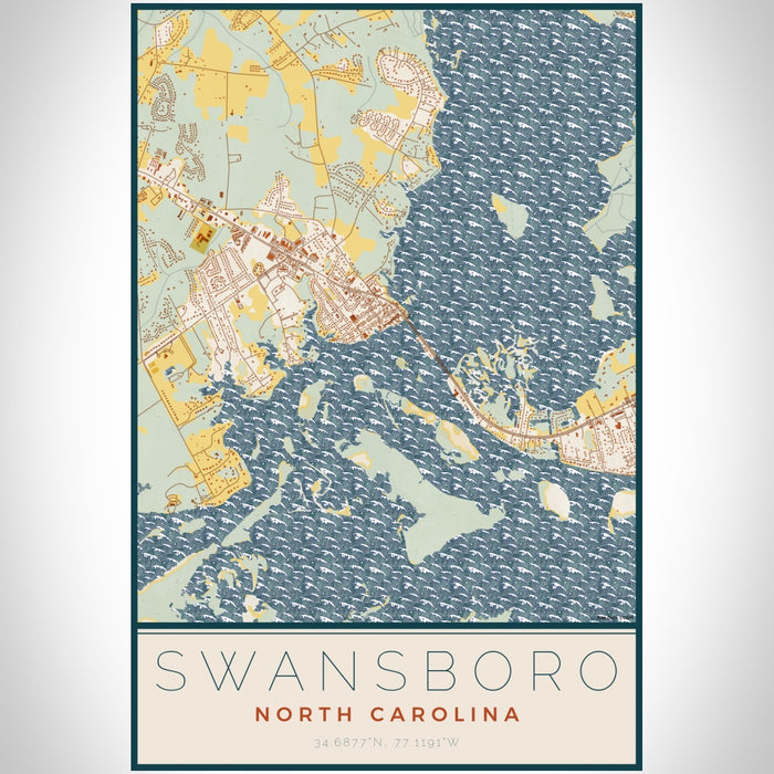 Swansboro North Carolina Map Print Portrait Orientation in Woodblock Style With Shaded Background