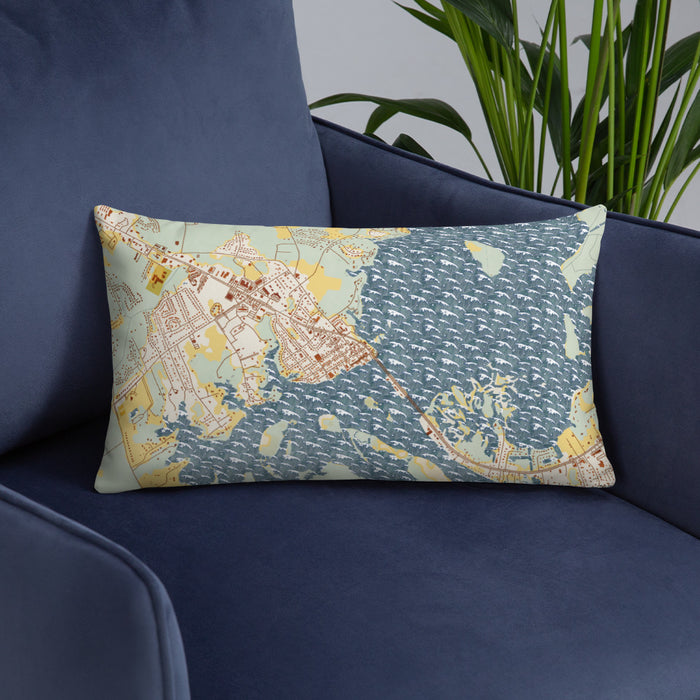 Custom Swansboro North Carolina Map Throw Pillow in Woodblock on Blue Colored Chair