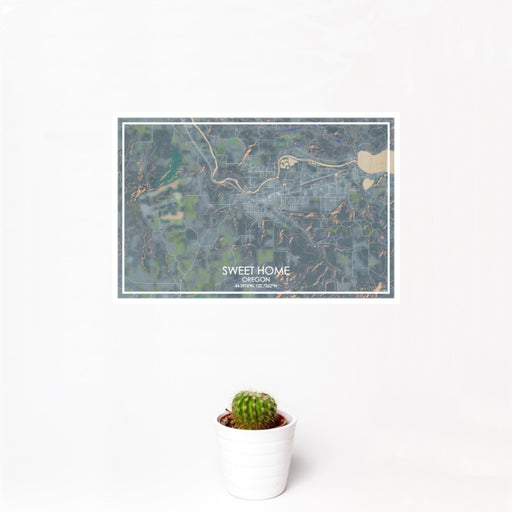 12x18 Sweet Home Oregon Map Print Landscape Orientation in Afternoon Style With Small Cactus Plant in White Planter