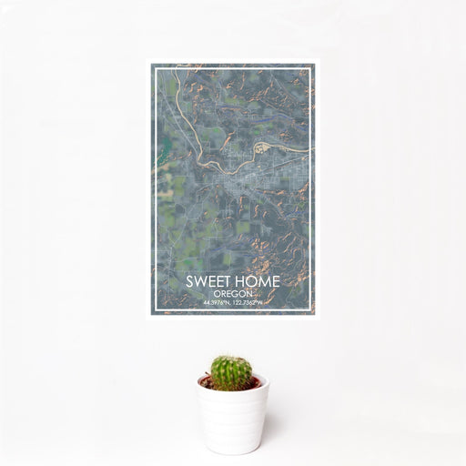 12x18 Sweet Home Oregon Map Print Portrait Orientation in Afternoon Style With Small Cactus Plant in White Planter