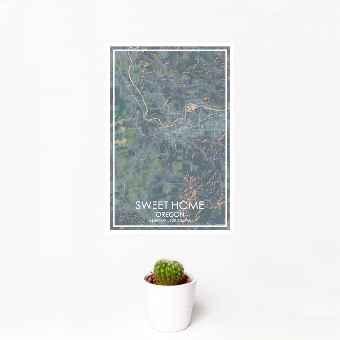 12x18 Sweet Home Oregon Map Print Portrait Orientation in Afternoon Style With Small Cactus Plant in White Planter