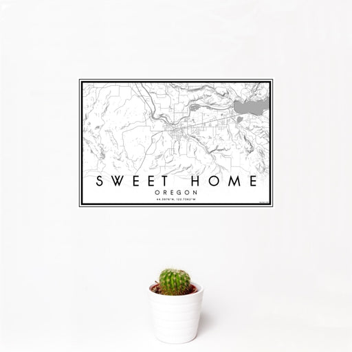 12x18 Sweet Home Oregon Map Print Landscape Orientation in Classic Style With Small Cactus Plant in White Planter
