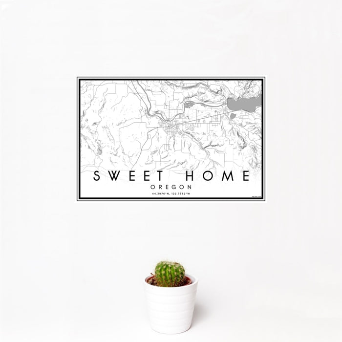 12x18 Sweet Home Oregon Map Print Landscape Orientation in Classic Style With Small Cactus Plant in White Planter
