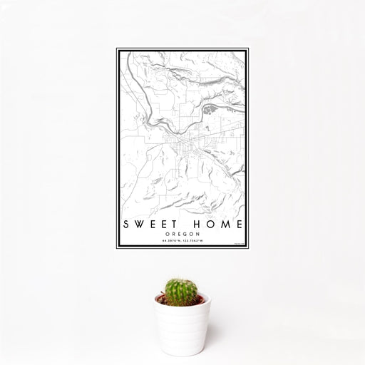 12x18 Sweet Home Oregon Map Print Portrait Orientation in Classic Style With Small Cactus Plant in White Planter
