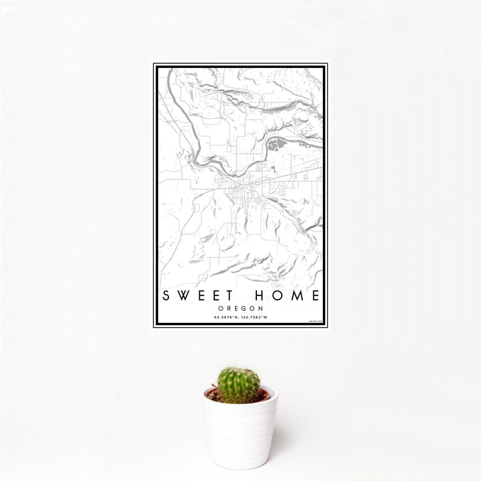 12x18 Sweet Home Oregon Map Print Portrait Orientation in Classic Style With Small Cactus Plant in White Planter