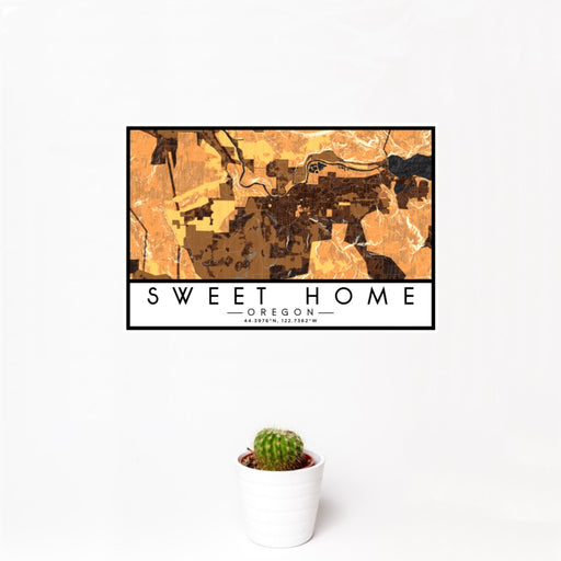 12x18 Sweet Home Oregon Map Print Landscape Orientation in Ember Style With Small Cactus Plant in White Planter