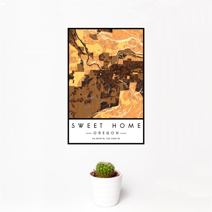 12x18 Sweet Home Oregon Map Print Portrait Orientation in Ember Style With Small Cactus Plant in White Planter