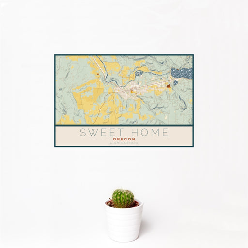 12x18 Sweet Home Oregon Map Print Landscape Orientation in Woodblock Style With Small Cactus Plant in White Planter