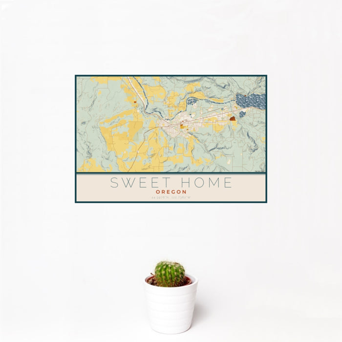 12x18 Sweet Home Oregon Map Print Landscape Orientation in Woodblock Style With Small Cactus Plant in White Planter