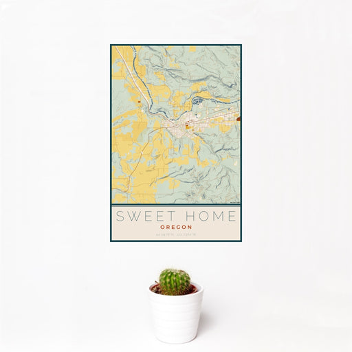 12x18 Sweet Home Oregon Map Print Portrait Orientation in Woodblock Style With Small Cactus Plant in White Planter