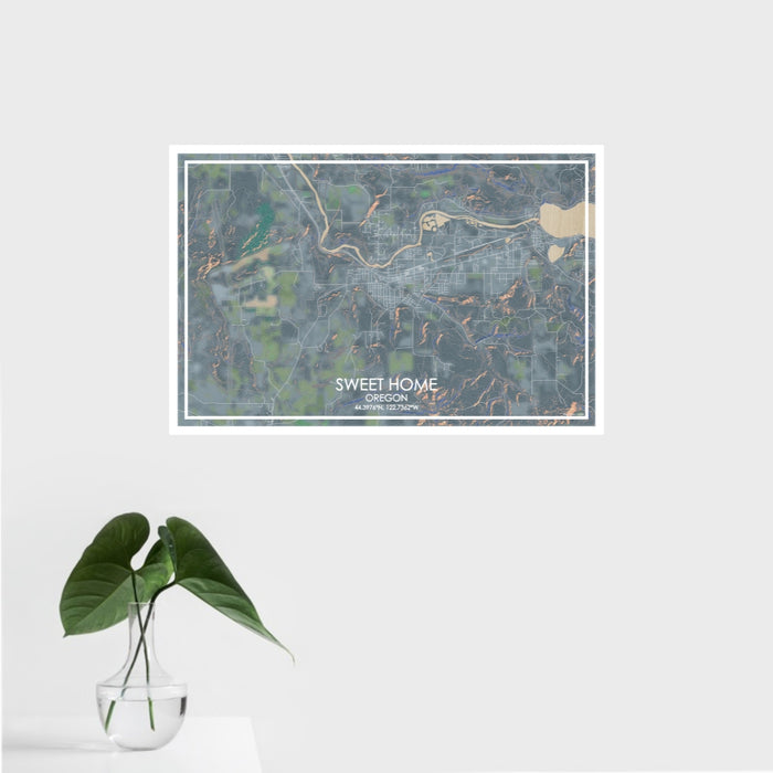 16x24 Sweet Home Oregon Map Print Landscape Orientation in Afternoon Style With Tropical Plant Leaves in Water