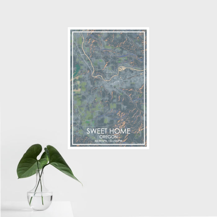 16x24 Sweet Home Oregon Map Print Portrait Orientation in Afternoon Style With Tropical Plant Leaves in Water