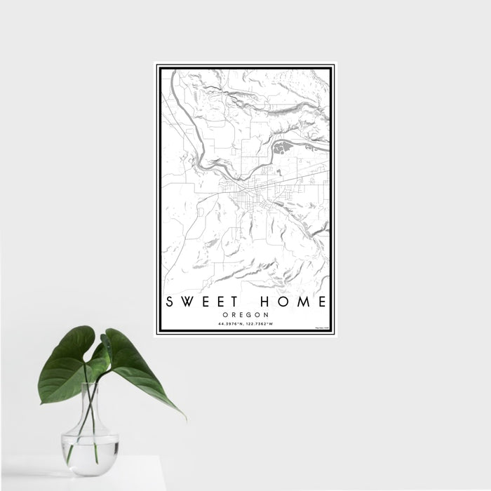 16x24 Sweet Home Oregon Map Print Portrait Orientation in Classic Style With Tropical Plant Leaves in Water