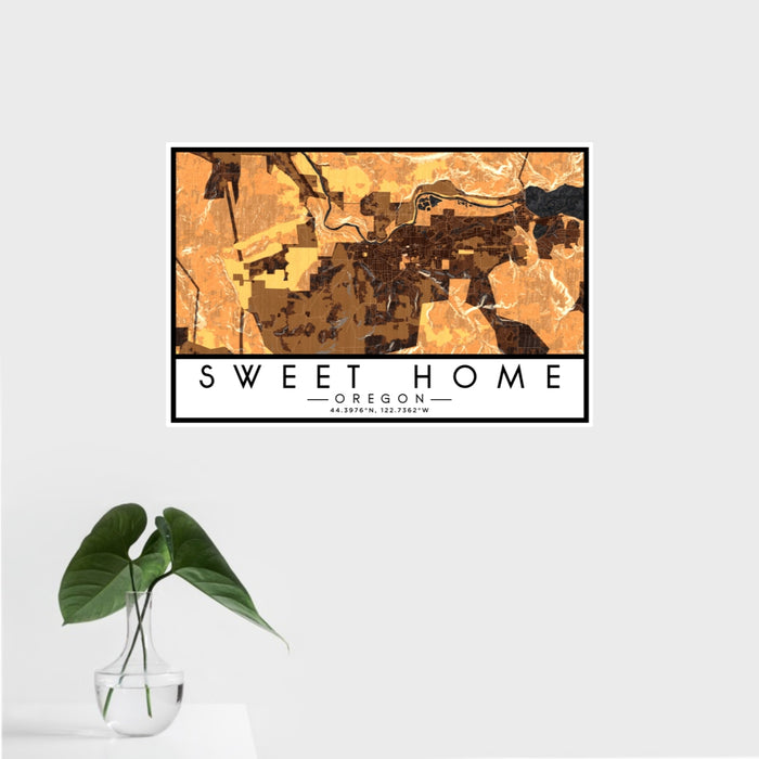 16x24 Sweet Home Oregon Map Print Landscape Orientation in Ember Style With Tropical Plant Leaves in Water