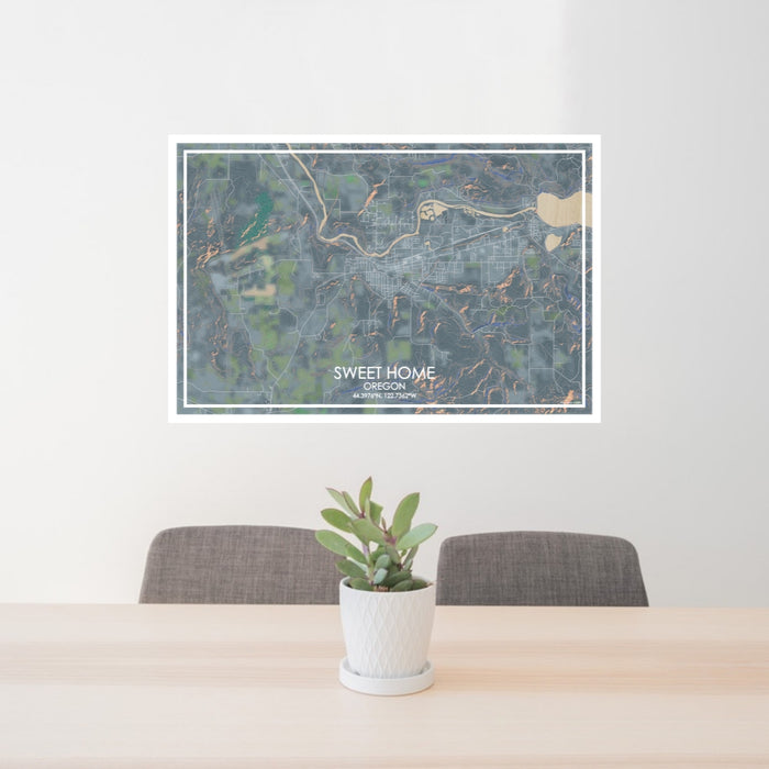 24x36 Sweet Home Oregon Map Print Lanscape Orientation in Afternoon Style Behind 2 Chairs Table and Potted Plant