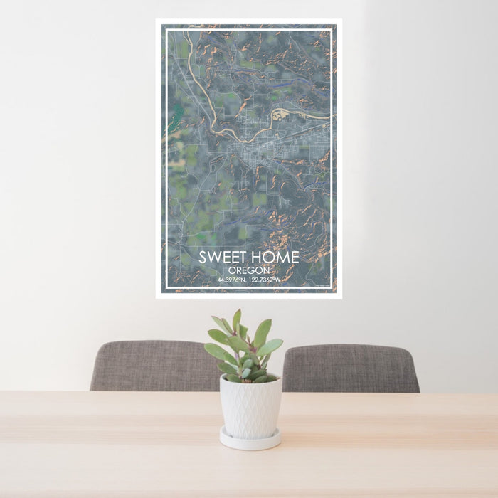 24x36 Sweet Home Oregon Map Print Portrait Orientation in Afternoon Style Behind 2 Chairs Table and Potted Plant